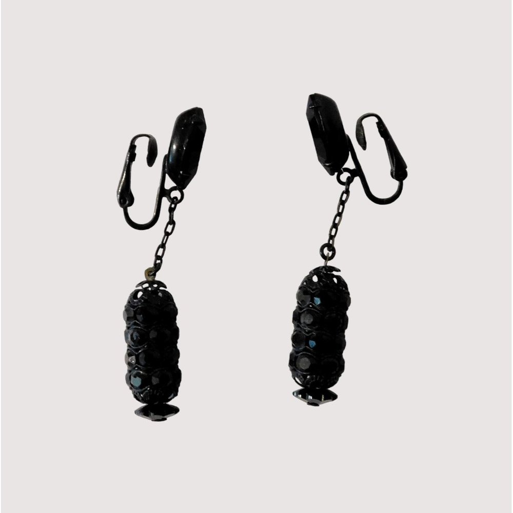 Vintage 1980s Black Crystal Earrings Clip Dangle Drop